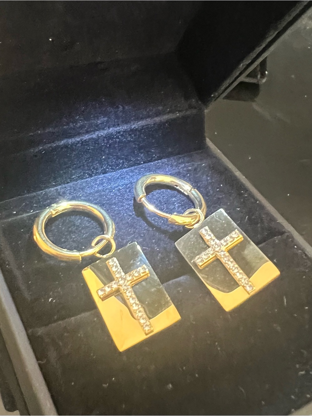 Gold Tone Cross Rectangle Hoop Earrings NWT Unisex